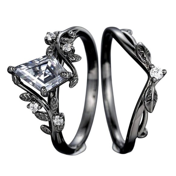 Rhombus Cut Natural Gray Moissanite Engagement Wedding Ring Set in Rhodium - Picture 3 of 7